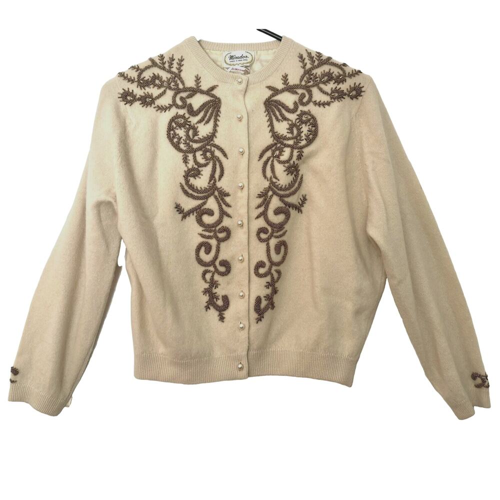 Vtg 50's Hand Beaded Angora & Lambswool Cardigan Sweater Women's Small Coquette